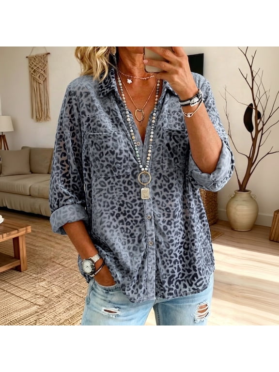 Women's Leopard Print Turndown Collar Long Sleeve Loose Fit Fall Shirt Pocket Casual Blouse