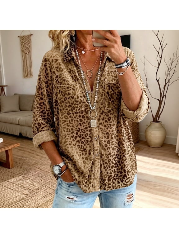 Women's Leopard Print Turndown Collar Long Sleeve Loose Fit Fall Shirt Pocket Casual Blouse