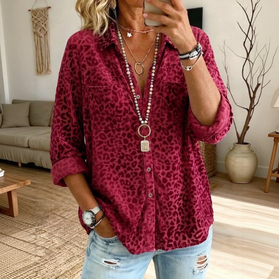 Women's Leopard Print Turndown Collar Long Sleeve Loose Fit Fall Shirt Pocket Casual Blouse
