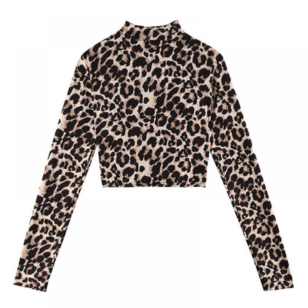 Leopard print turtle neck top セカンドスキン Women's Leopard Print Turtleneck Slim Long Sleeve Crop Top