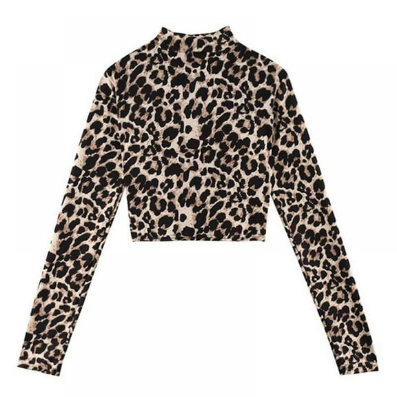 Women's Leopard Print Turtleneck Slim Long Sleeve Crop Top