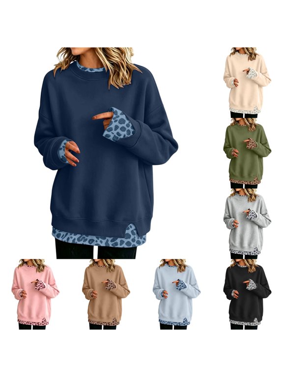 Women's Leopard Print Two Piece Style Hoodless Sweatshirt Pullover