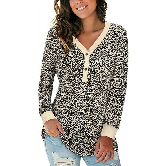 Women's Leopard Print V-Neck Button Camo Causal Long Sleeve Tops Henley Blouse