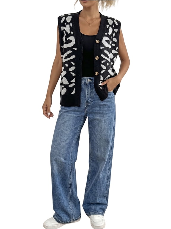 Women's Leopard Print V-Neck Button Down Knit Vest Cardigan Black One size