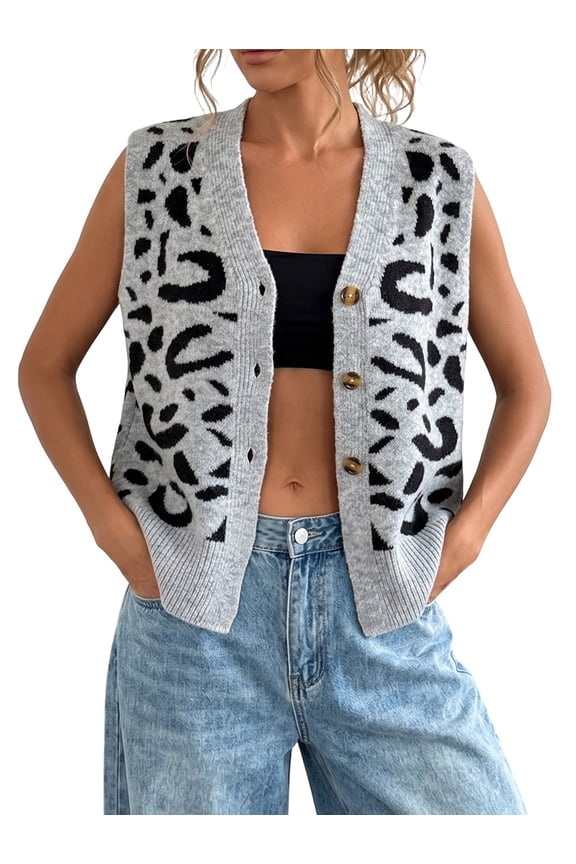Women's Leopard Print V-Neck Button Down Knit Vest Cardigan Gray One size