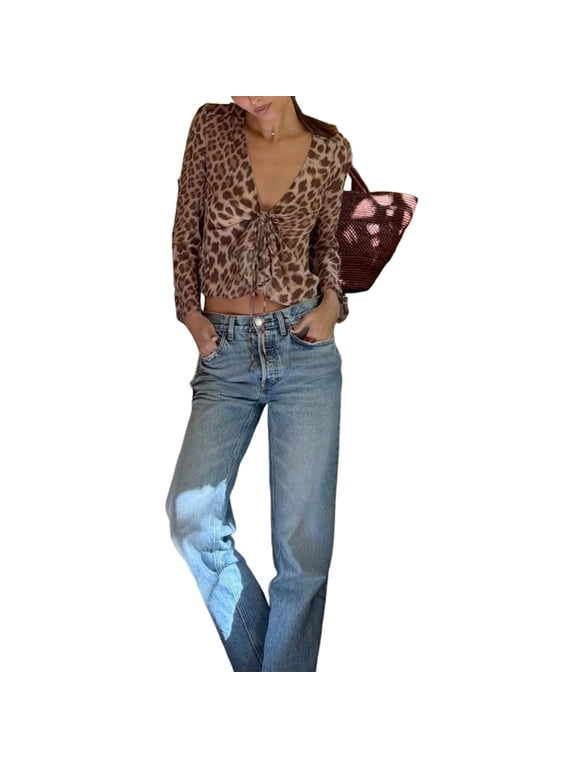 Women's Leopard Print V Neck Tie Front Cropped Long Sleeve Top Brown L