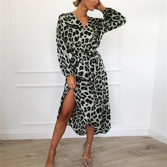 Women's Leopard Print V-neck High Waist Lace-up Irregular Dress