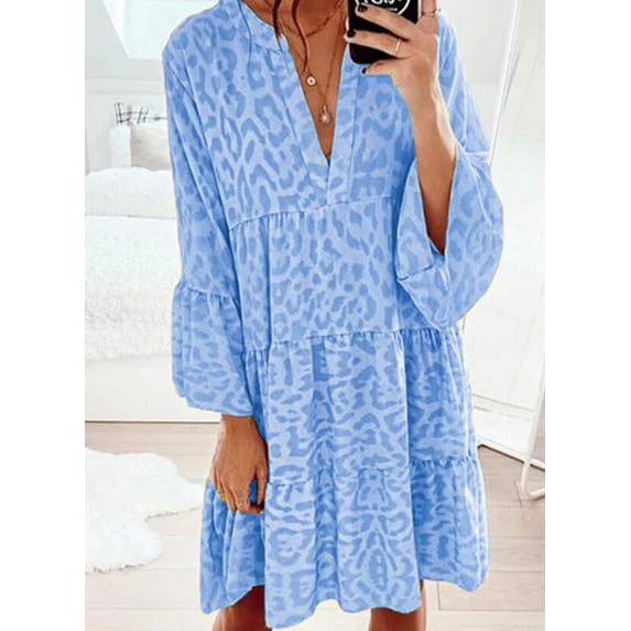 Women's Leopard Print V-neck Mini Dress Long Sleeve Dress Loose Dress