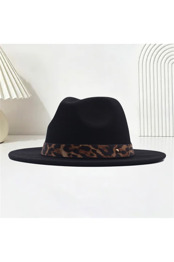 Women's Leopard Print Western Hat, Wide Brim Jazz Bucket Hat with Leopard Print Trim, Stylish Sun Hat for Wedding, Photo Shoot, Music Festival, and Daily Fashion Black