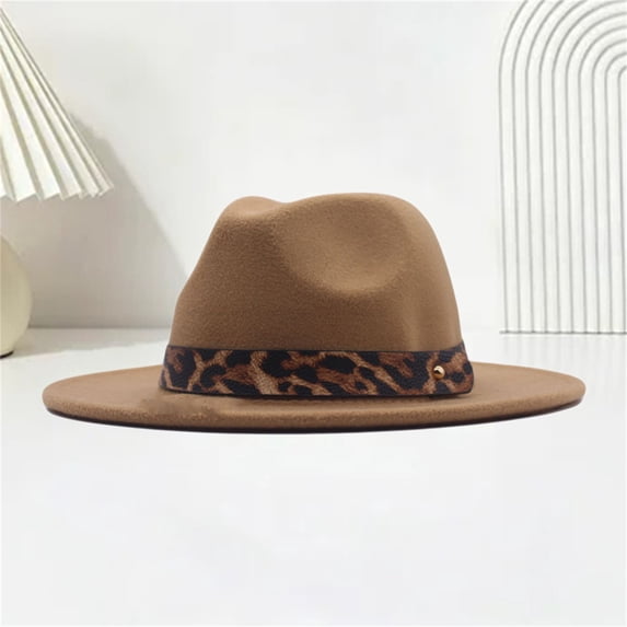 Women's Leopard Print Western Hat, Wide Brim Jazz Bucket Hat with Leopard Print Trim, Stylish Sun Hat for Wedding, Photo Shoot, Music Festival, and Daily Fashion Khaki