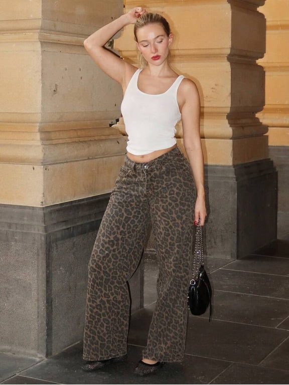 Women’s Leopard‑Print Wide‑Leg Denim Jeans, Vintage Casual