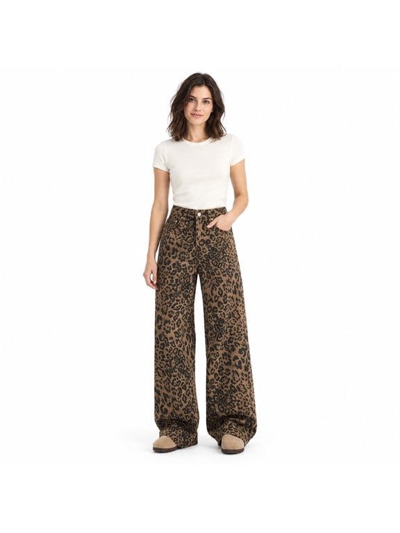 Women’s Leopard Print Wide Leg Jeans, High Waisted Denim Pants with Pockets
