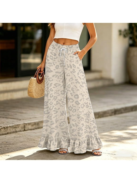 Women's Leopard Print Wide Leg Pants Drawstring Elastic Waist Ruffled Hem Casual Daily Trousers for Fall Summer