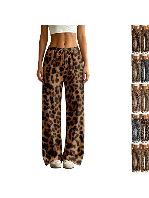 Women's Leopard Print Wide Leg Pants High Waist Loose Fit Casual Trousers Lightweight Soft Lounge Pants With Pockets For Daily Wear Vacation Streetwear Brown S