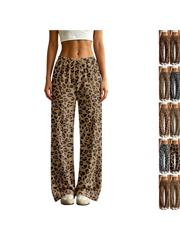 Women's Leopard Print Wide Leg Pants High Waist Loose Fit Casual Trousers Lightweight Soft Lounge Pants With Pockets For Daily Wear Vacation Streetwear Khaki S
