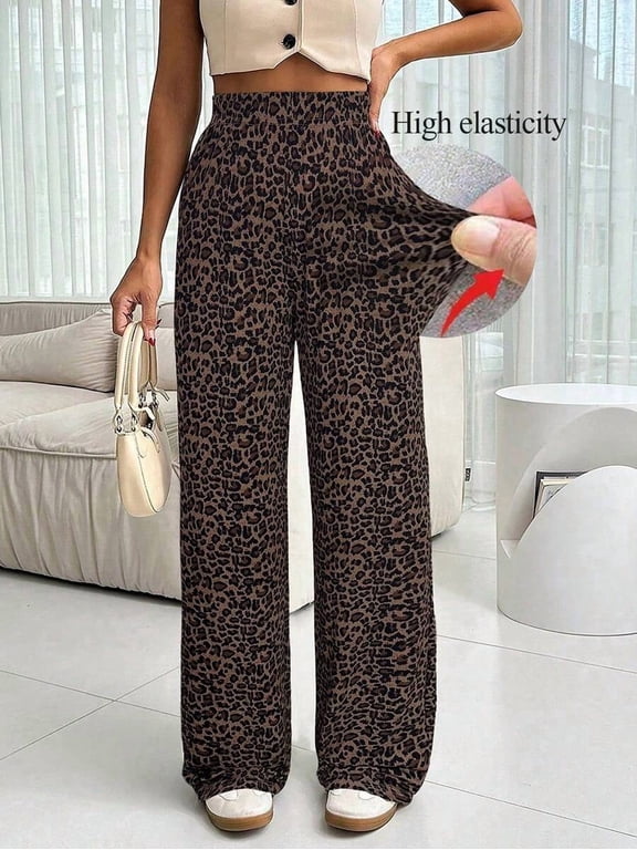 Women's Leopard Print Wide Leg Pants, High Waist Straight Leg Trousers for Everyday