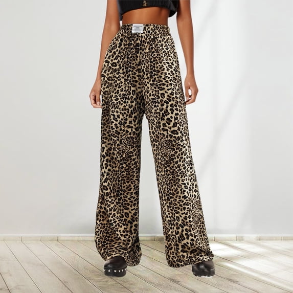 Women's Leopard Print Wide Leg Pants – High Waisted Flowy Trousers with Elastic Waist – Comfortable Stretchy Casual Bottoms for Travel, Party & Daily Wear – Sizes S-XXXXX