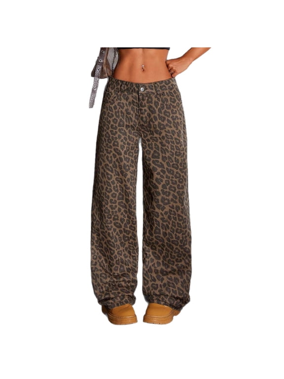 Women’s Leopard Print Wide Leg Pants High Waisted Loose Fit Long Trousers Casual Fashion Pants Comfortable Everyday Wear