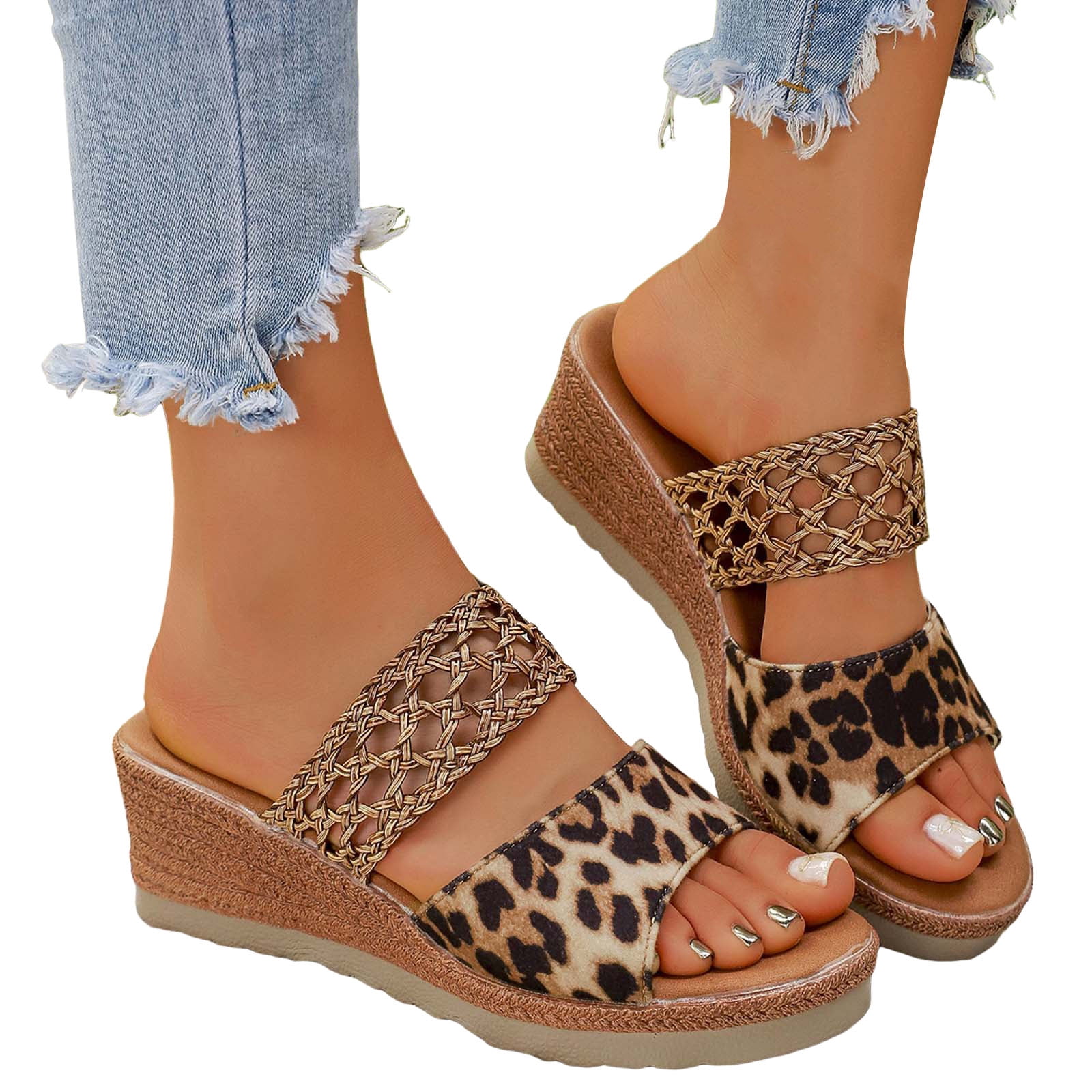 Women Brown  Fashionable Women\'s Leopard Print Thick Wedge Sandals main image 0
