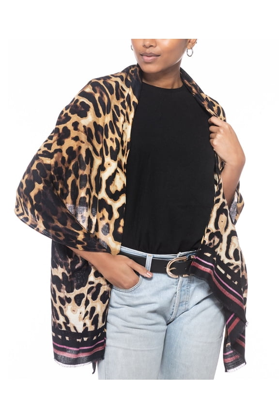 Women's Leopard-Print Wrap Scarf, Brown Multi - Oversized 72"L x 21"W, Soft Polyester Rayon Blend, Versatile Styling for Casual Chic Looks