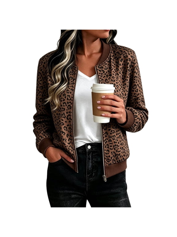 Women's Leopard Print Zip-Up Baseball Jacket Lightweight Cropped Long Sleeve Outerwears for Fall Winter (Brown M)