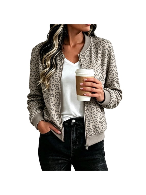 Women's Leopard Print Zip-Up Baseball Jacket Lightweight Cropped Long Sleeve Outerwears for Fall Winter (GY1 M)