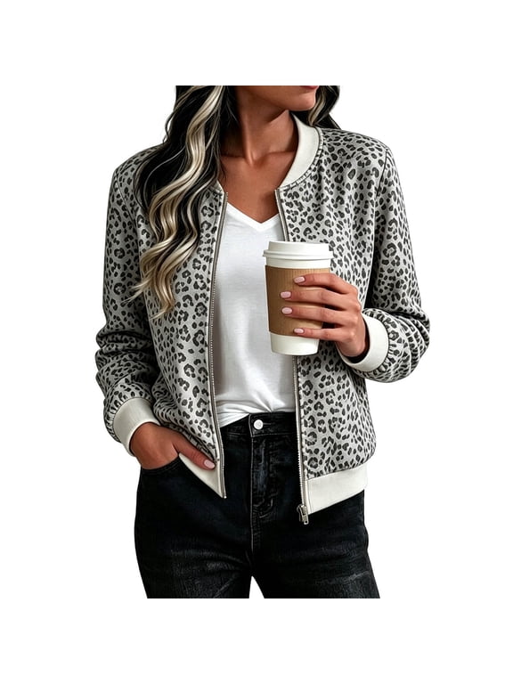 Women's Leopard Print Zip-Up Baseball Jacket Lightweight Cropped Long Sleeve Outerwears for Fall Winter (GY2 M)