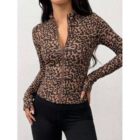 Women's Leopard-Print Zip-Up Long Sleeve Fitness Jacket
