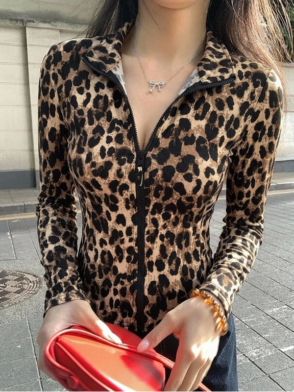 Women's Leopard-Print Zip-Up Long Sleeve Fitness Jacket