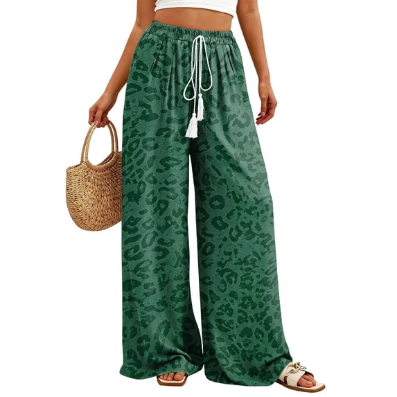 Women's Leopard Printed Wide Leg Lounge Pants Lightweight High Waisted Y2k Baggy Long Palazzo Drawstring Loose Fit Trousers with Pockets M