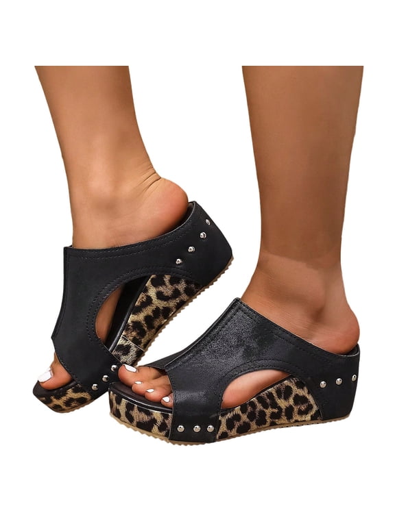 Women's Leopard Prints Platform Wedge Sandals Cork Footbed Leather Slides Comfortable Open Toe Casual Dressy Shoes Black Size 6.5