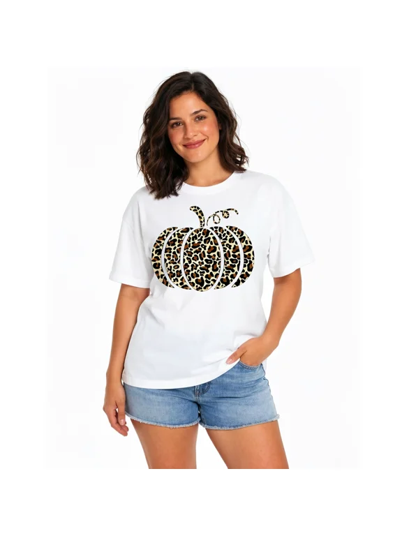 Women's Leopard Pumpkin Graphic T-Shirt, Animal Print Cotton Crew Neck Thanksgiving Casual Tee