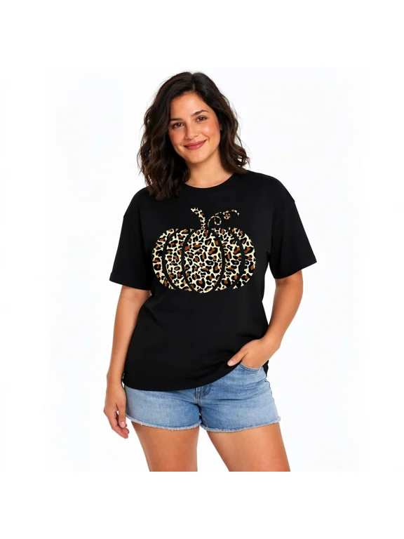 Women's Leopard Pumpkin Graphic T-Shirt, Animal Print Cotton Crew Neck Thanksgiving Casual Tee