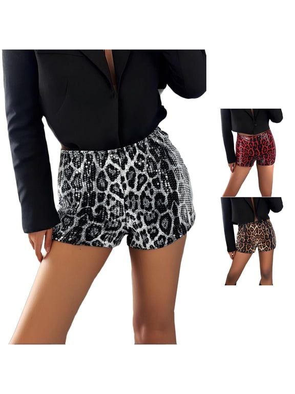 Women's Leopard Sequin Mini Shorts - Drop Waist Club Rave Bottoms with Sparkly Print