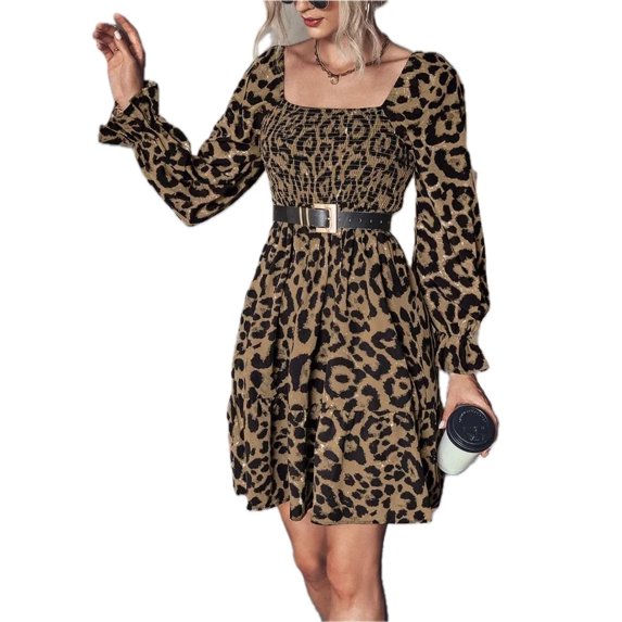 Women's Leopard Smocked Flounce Sleeve Mini Dress for Summer Parties Lightweight Polyester % Spandex % for events