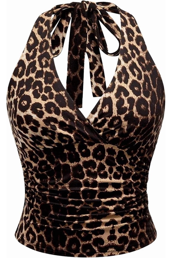 Women's Leopard V Neck Lace Crop Tank Top Women's Leopard Ruched Crop Halter Tie Tops Backless Grunge Punk Y2K Tops