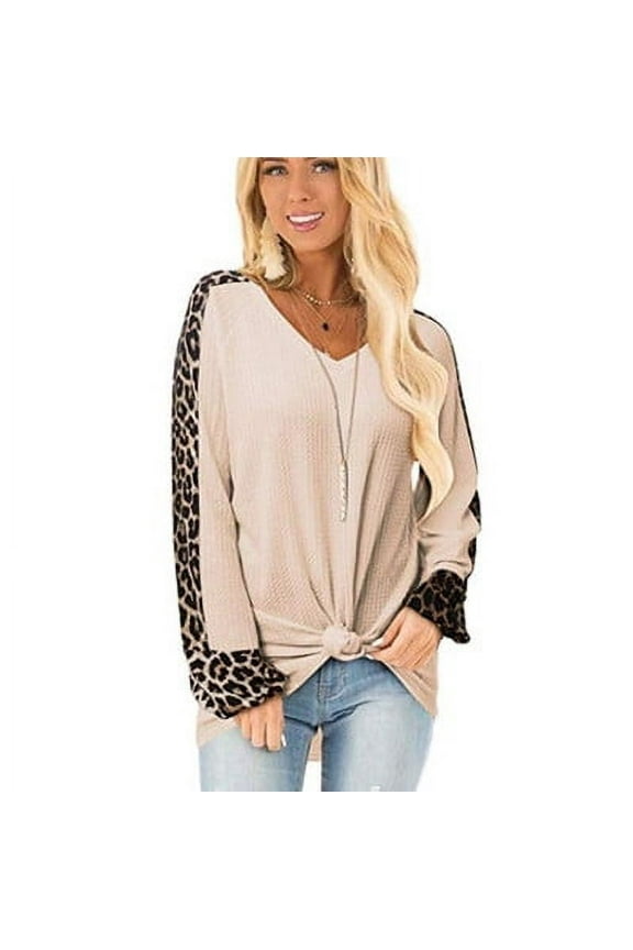 Women's Leopard V-neck Stitching Long-Sleeved knitted Top