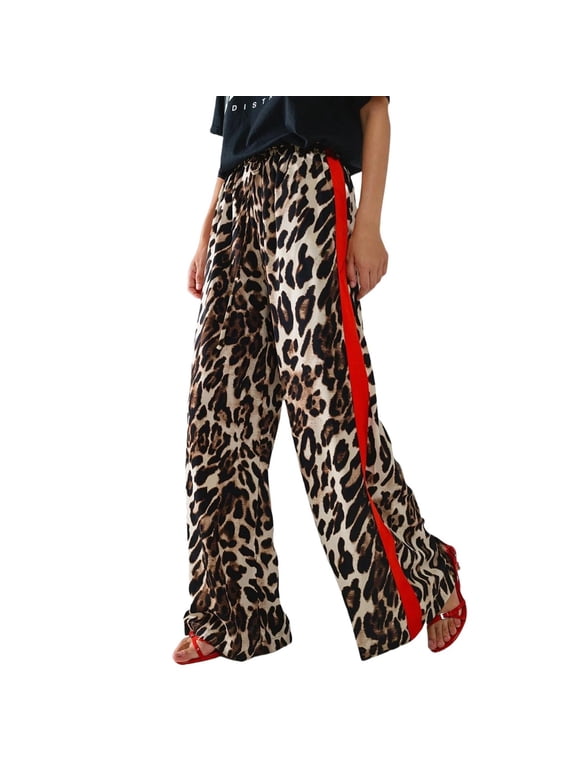 Women's Leopard Wide Leg Pants Casual Side Striped High Waisted Trousers with Pockets Spring Brown S
