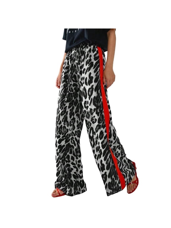 Women's Leopard Wide Leg Pants Casual Side Striped High Waisted Trousers with Pockets Spring Gray M
