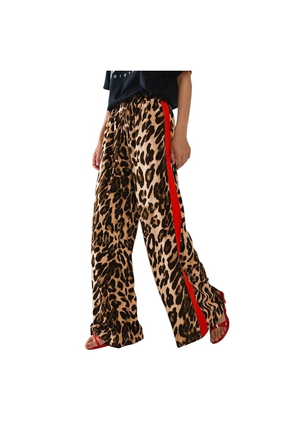 Women's Leopard Wide Leg Pants Casual Side Striped High Waisted Trousers with Pockets Spring 2026 Yellow L