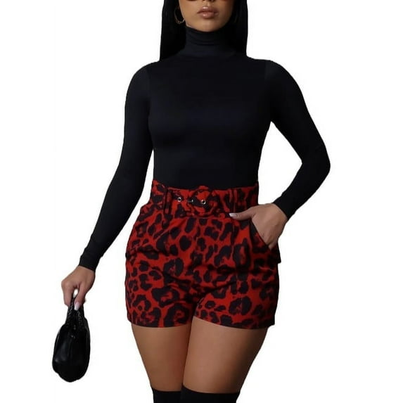 Women's Leopard waisted printed Belted Fashion Shorts-Red