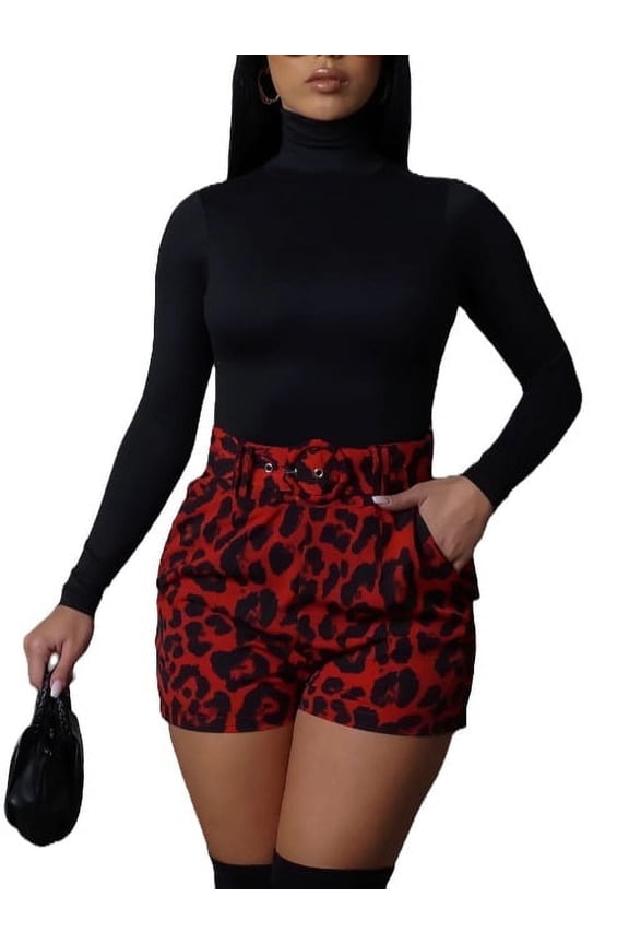 Women's Leopard waisted printed Belted Fashion Shorts-Red