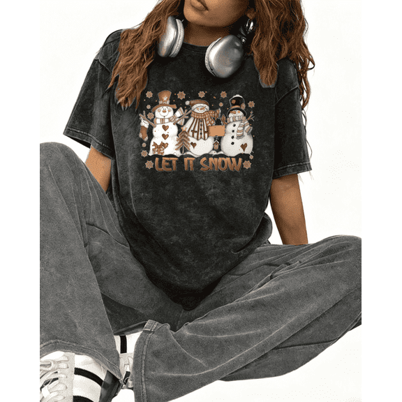 Women's Let It Snow Snowman Graphic Cotton T Shirt Casual Festive Graphic Top Black S-2XL Plus Size