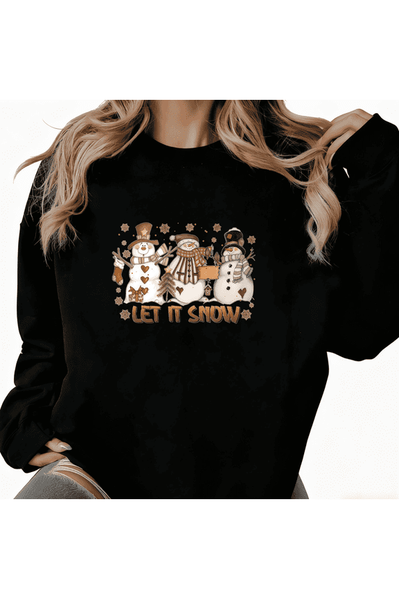 Women's Let It Snow Snowmen Sweatshirt Casual Festive Graphic Breathable Round-neck long-sleeved Black S-3XL