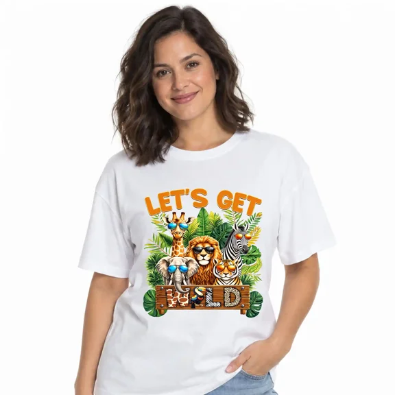 Women's Let's Get Wild Safari Animal Graphic T-Shirt, Jungle Crew Neck Casual Cotton Tee