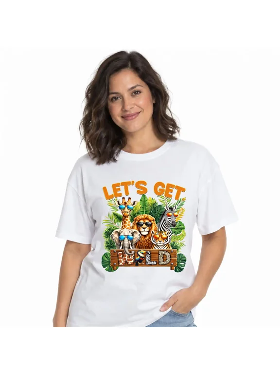 Women's Let's Get Wild Safari Animal Graphic T-Shirt, Jungle Crew Neck Casual Cotton Tee