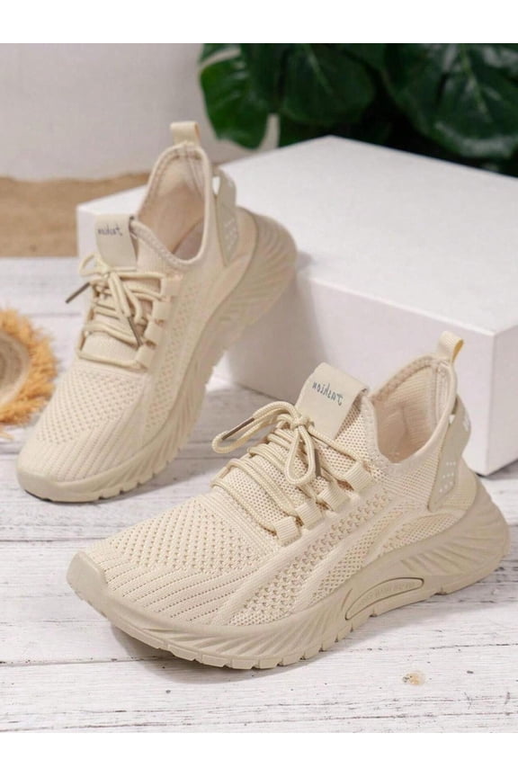 "Women's Letter Design Sneakers - Knitted Mesh Upper, Lace-Up, Comfortable Elastic Soft Bottom, Shock-Absorbing & Anti-Slip. Casual White, Running, Outdoor Hiking, Gym Shoes."