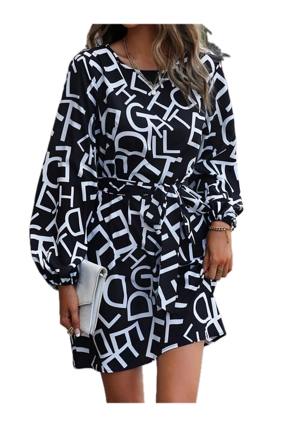 Women's Letter Print Balloon Sleeve Dress with Ninety Five Percent Polyester and Five Percent Spandex for Everyday Wear