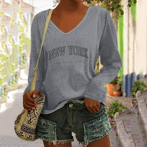 Women's Letter Print Loose Long Sleeve V Neck T Shirt Our Womens Long Sleeve Soft Shirt Women Women Loose Tops Summer Womens Long Sleeve Tee Shirt Womens Compression Shirts Turtleneck Women Petite
