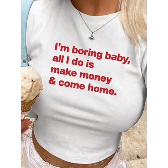 Women's Letter Print Round Neck Crop Tee, Fashion Casual Crew Neck Short Sleeve T-shirt for Daily Holiday Vacation Outdoor Wear, Ladies Clothes for All Seasons Micro Rib Baby Tee